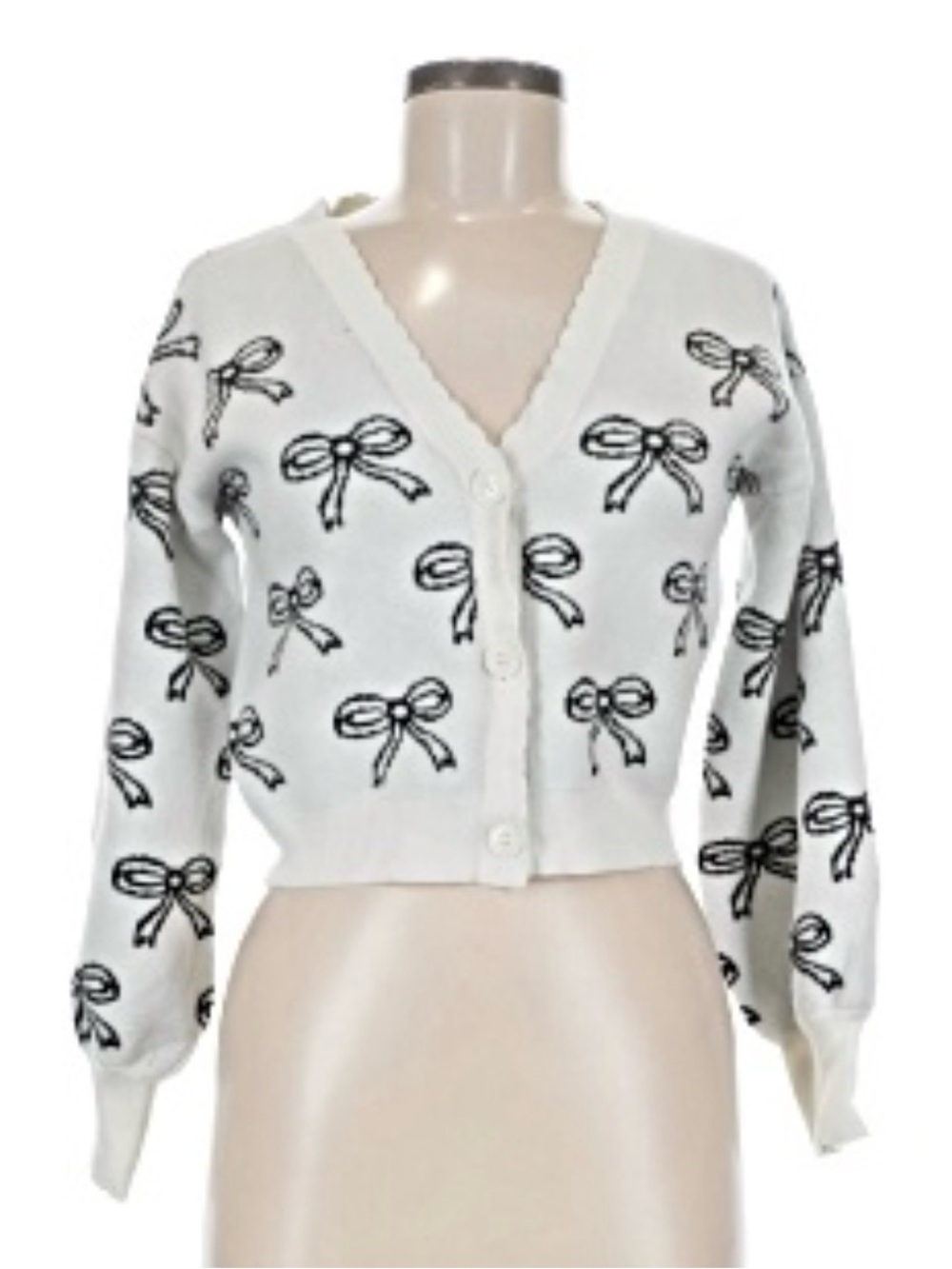 White V-Neck Cropped Cardigan with Black Bow Print